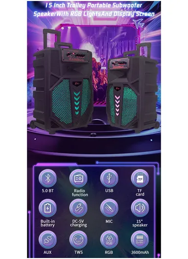 15" Trolley Bluetooth Speaker, Portable Party Dj Wireless Trolley Speaker ZQS-15111