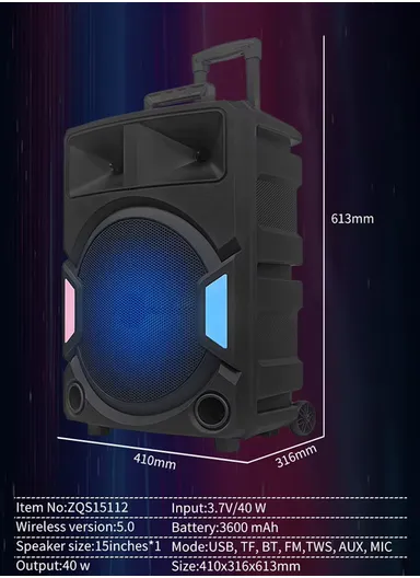 Super Bass Party Trolley Speaker With Wireless Microphones Remote Control ZQS-15112