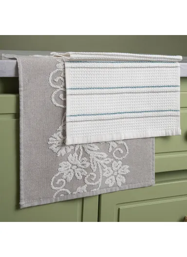 2 Pieces Kitchen Towels Set Classic Cotton 30 x 50 cm - White / Grey / Green