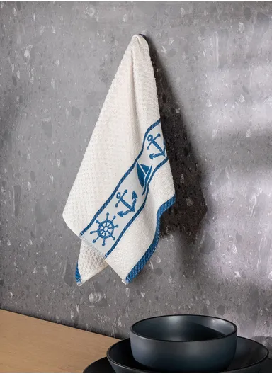 2 Pieces Kitchen Towels Set Marine &amp; Hearts Cotton 30 x 50 cm  - White / Blue / Pink