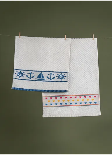 2 Pieces Kitchen Towels Set Marine &amp; Hearts Cotton 30 x 50 cm  - White / Blue / Pink
