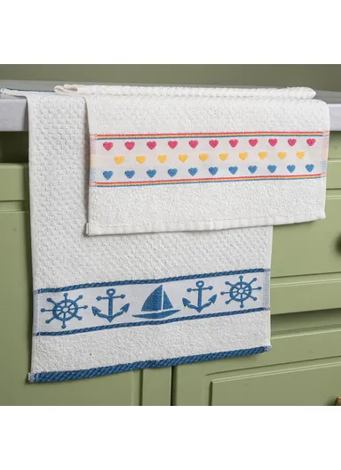 2 Pieces Kitchen Towels Set Marine &amp; Hearts Cotton 30 x 50 cm  - White / Blue / Pink