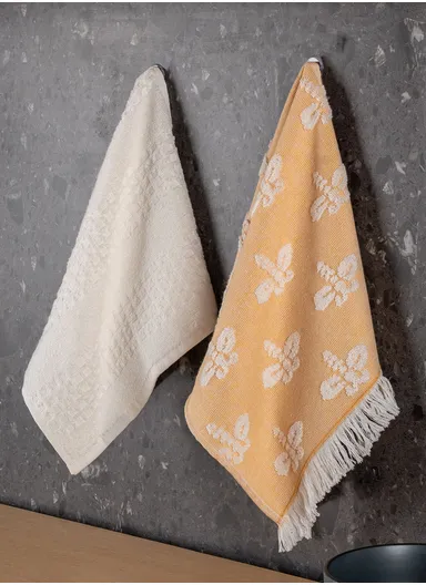 2 Pieces Kitchen Towels Set Modern Design Cotton 30 x 50cm - White / Yellow