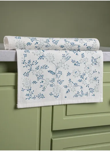 30 x 50 cm Vine and Leaf Cotton Kitchen Towel - White / Blue