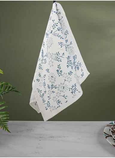 30 x 50 cm Vine and Leaf Cotton Kitchen Towel - White / Blue