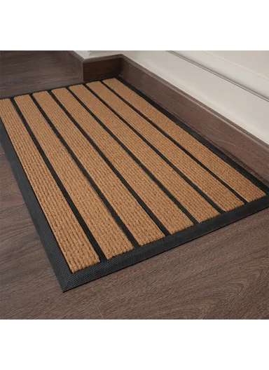 Linear Striped Door Mat | 46 x 76 cm | Non-Slip Entrance Rug | Light Brown &amp; Black