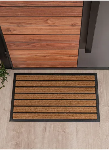Linear Striped Door Mat | 46 x 76 cm | Non-Slip Entrance Rug | Light Brown &amp; Black