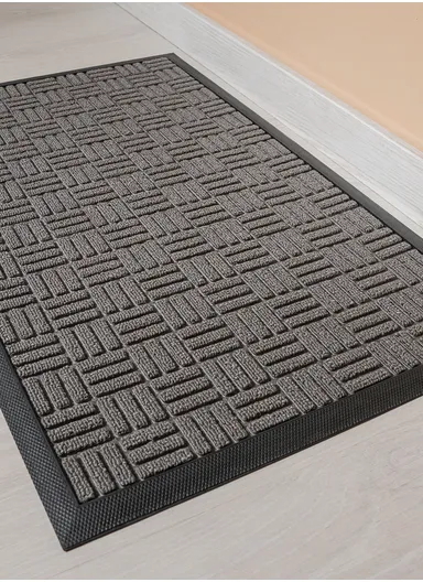 Woven Grid Door Mat | 46 x 76 cm | Non-Slip Entrance Rug | Grey &amp; Black