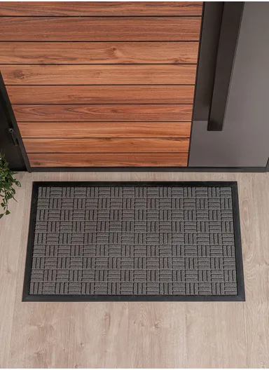 Woven Grid Door Mat | 46 x 76 cm | Non-Slip Entrance Rug | Grey &amp; Black
