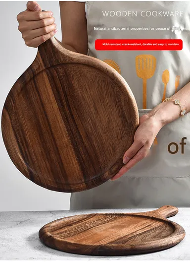 25cm Acacia Wood Pizza Serving Board with Handle HS-9006