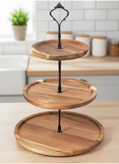 3-Tier Oak Wooden Serving Tray With Metal Handle, Detachable Dessert Stand For Cakes, Fruits &amp; Snacks