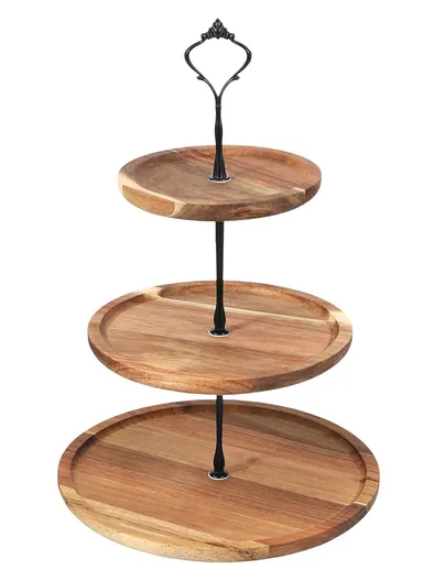 3-Tier Oak Wooden Serving Tray With Metal Handle, Detachable Dessert Stand For Cakes, Fruits &amp; Snacks
