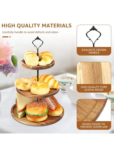 3-Tier Oak Wooden Serving Tray With Metal Handle, Detachable Dessert Stand For Cakes, Fruits &amp; Snacks