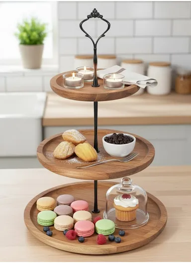 3-Tier Oak Wooden Serving Tray With Metal Handle, Detachable Dessert Stand For Cakes, Fruits &amp; Snacks