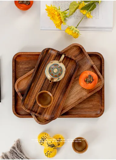 Acacia Wooden Rectangular Tray For Serving Snacks, Coffee &amp; Breakfast (L30 × W20 × H2)cm