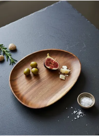Acacia Wooden Oval Tray For Serving Snacks, Coffee &amp; Breakfast (L24 x W18 x H2)cm
