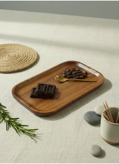 Acacia Wooden Rectangular Tray For Serving Snacks, Coffee &amp; Breakfast (L28 × W18 × T2)cm