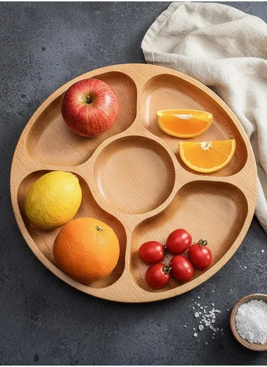 Cabilock Rustic Wooden Divided Serving Plate Round Appetizer Tray for Weddings, Parties &amp; Home Décor (D30 x H3.5)cm