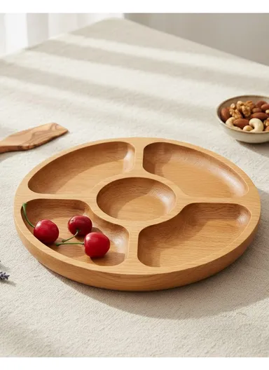 Cabilock Rustic Wooden Divided Serving Plate Round Appetizer Tray for Weddings, Parties &amp; Home Décor (D30 x H3.5)cm