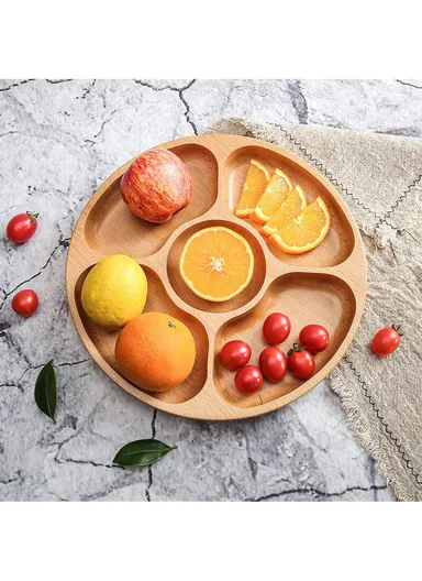 Cabilock Rustic Wooden Divided Serving Plate Round Appetizer Tray for Weddings, Parties &amp; Home Décor (D30 x H3.5)cm