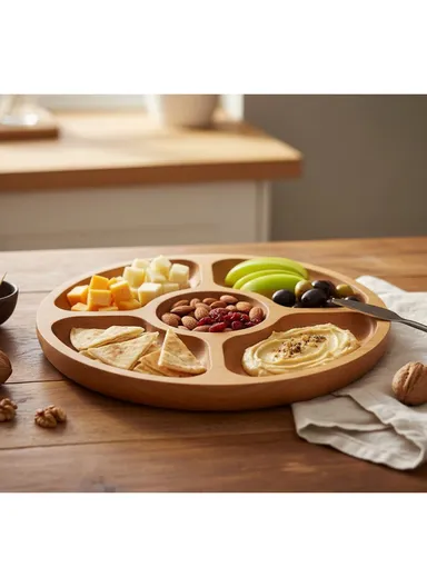 Cabilock Rustic Wooden Divided Serving Plate Round Appetizer Tray for Weddings, Parties &amp; Home Décor (D30 x H3.5)cm