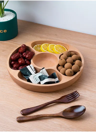 Cabilock Rustic Wooden Divided Serving Plate Round Appetizer Tray for Weddings, Parties &amp; Home Décor (D30 x H3.5)cm