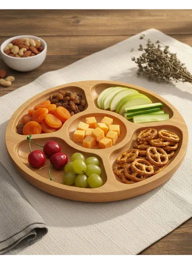 Cabilock Rustic Wooden Divided Serving Plate Round Appetizer Tray for Weddings, Parties &amp; Home Décor (D30 x H3.5)cm