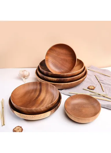 Anti-slip Acacia Wood Food Plate For Home, Cafeteria, Restaurants, Delis &amp; Bakeries (D20 x H4)cm
