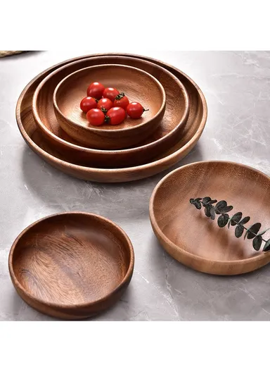 Anti-slip Acacia Wood Food Plate For Home, Cafeteria, Restaurants, Delis &amp; Bakeries (D20 x H4)cm