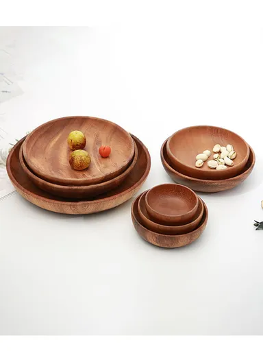 Anti-slip Acacia Wood Food Plate For Home, Cafeteria, Restaurants, Delis &amp; Bakeries (D20 x H4)cm