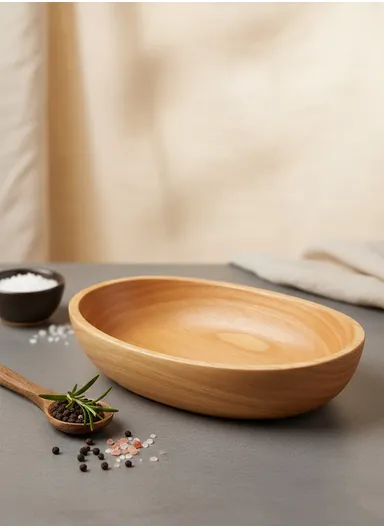 Eco-Friendly Natural Wooden Oval Bowl Food-Safe, Durable &amp; Stackable Serving Bowl (L21×W12×H5cm)