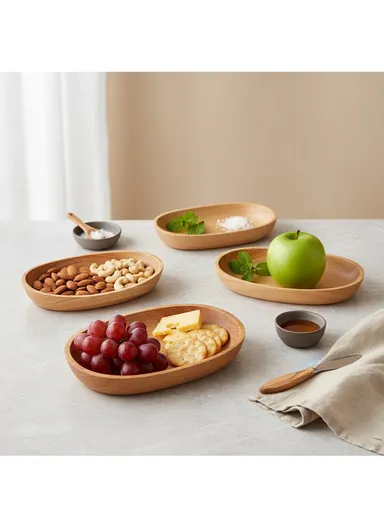 Eco-Friendly Natural Wooden Oval Bowl Food-Safe, Durable &amp; Stackable Serving Bowl (L21×W12×H5cm)