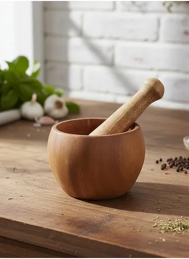 Wooden Mortar &amp; Pestle Garlic Masher Hand Grinder Crusher (D10 x H8)cm