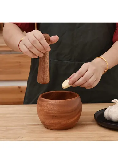 Wooden Mortar &amp; Pestle Garlic Masher Hand Grinder Crusher (D10 x H8)cm