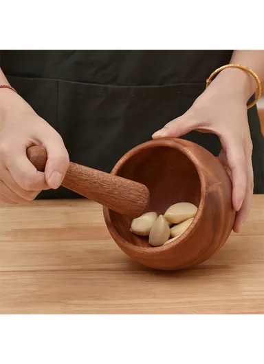 Wooden Mortar &amp; Pestle Garlic Masher Hand Grinder Crusher (D10 x H8)cm