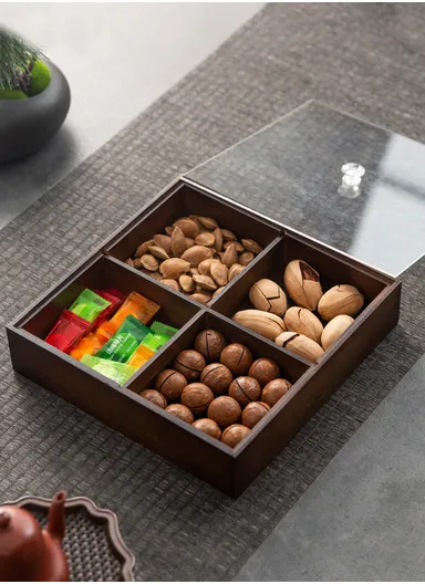 Bamboo Snack Serving Tray with Acrylic Lid, Divided Candy, Nut &amp; Dried Fruit Organizer – 4 Bowls