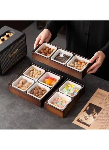 Bamboo Snack Serving Tray with Acrylic Lid, Divided Candy, Nut &amp; Dried Fruit Organizer – 4 Bowls