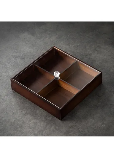 Bamboo Snack Serving Tray with Acrylic Lid, Divided Candy, Nut &amp; Dried Fruit Organizer – 4 Bowls