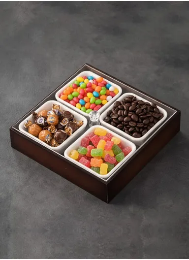 Bamboo Snack Serving Tray with Acrylic Lid, Divided Candy, Nut &amp; Dried Fruit Organizer – 4 Bowls