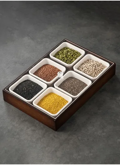 Bamboo Snack Serving Tray with Acrylic Lid, Divided Candy, Nut &amp; Dried Fruit Organizer – 6 Bowls