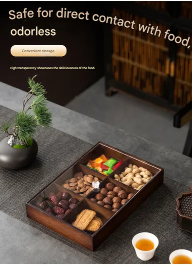 Bamboo Snack Serving Tray with Acrylic Lid, Divided Candy, Nut &amp; Dried Fruit Organizer – 6 Bowls