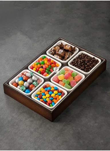 Bamboo Snack Serving Tray with Acrylic Lid, Divided Candy, Nut &amp; Dried Fruit Organizer – 6 Bowls