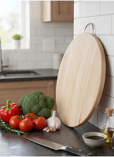 Wooden Cutting Board with Stainless Steel Handle – Non-Slip, Juice Groove, Durable &amp; Stylish Chopping &amp; Serving Board (D36 x H2)cm - Circle