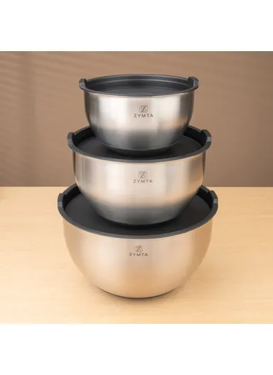 3 Pieces Zymta Stainless Steel Mixing Bowls Set with Silicone Base &amp; Lids - Silver / Black