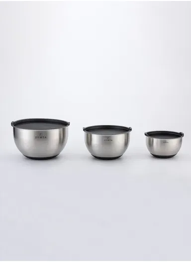 3 Pieces Zymta Stainless Steel Mixing Bowls Set with Silicone Base &amp; Lids - Silver / Black