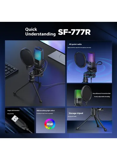 Computer Gaming Microphone USB Condenser Desktop Mic with RGB Light SF-777R 