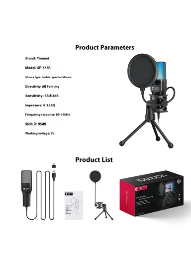 Computer Gaming Microphone USB Condenser Desktop Mic with RGB Light SF-777R 