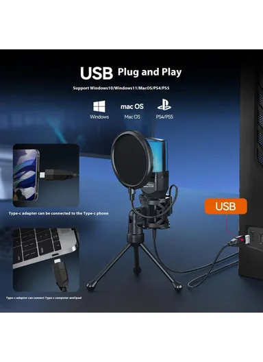 Computer Gaming Microphone USB Condenser Desktop Mic with RGB Light SF-777R 