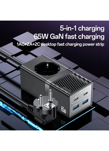 65W GaN Power Strip USB-C USB-A Desktop Fast Charging Station - EU Plug