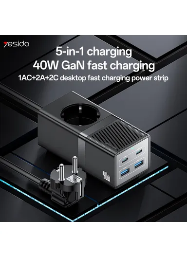 40W GaN Power Strip USB-C USB-A Desktop Fast Charging Station - EU Plug
